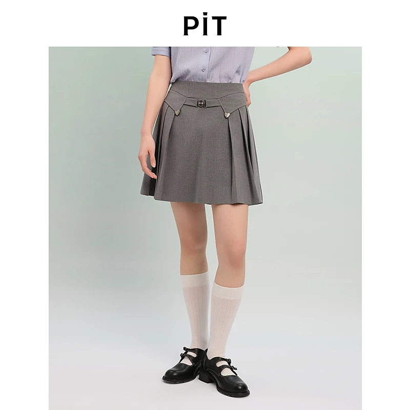 PIT复古灰色高腰半身裙短裙女2025A字新款学院风百搭半裙百褶裙