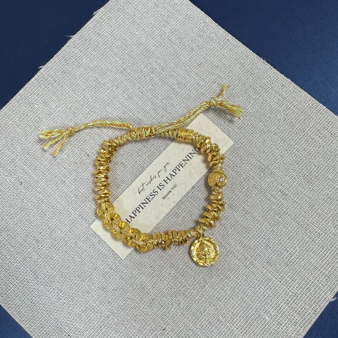 足金999五帝币带钻黄财神盘缠手串