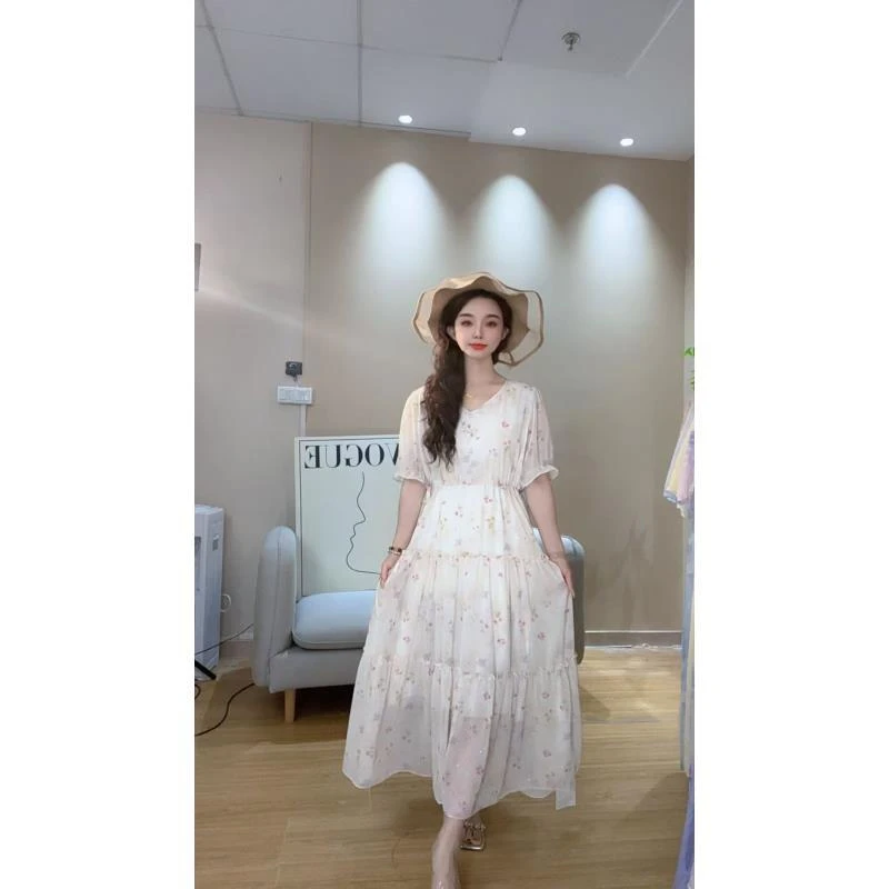 印花夏季V领拼接提花连衣裙收腰碎花裙子辣妹风