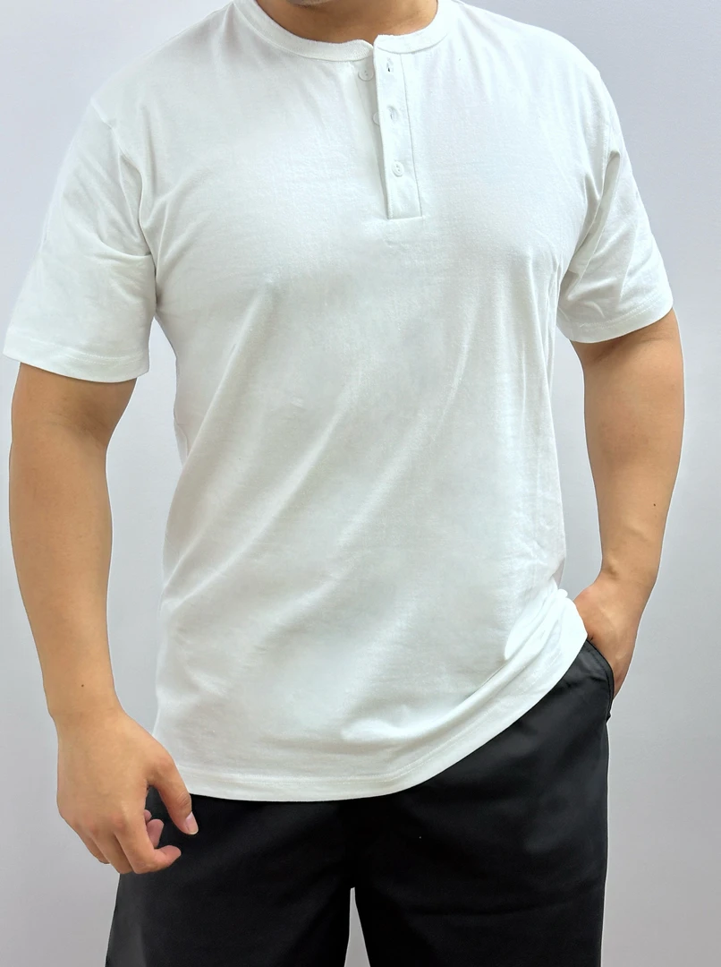 日系纯白250g重磅纯棉亨利领短袖T恤纯色正肩POLO衫打底上衣男
