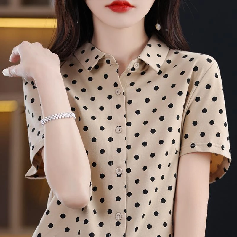 2025夏季新款纯棉波点衬衫女士款POLO领短袖衬衣百搭显瘦打底上衣