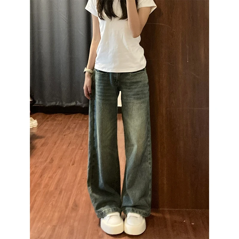 美式复古高街阔腿牛仔裤女2025冬季新款水洗宽松显瘦直筒窄版裤子
