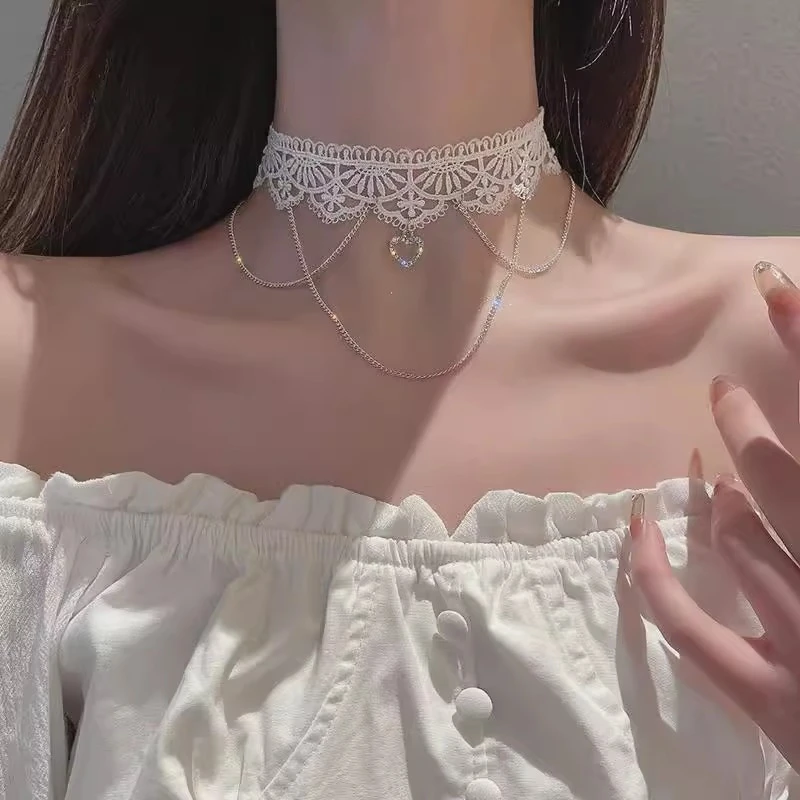 合金布艺项链 白色蕾丝流苏项链新款潮轻奢小众设计感锁骨链项圈