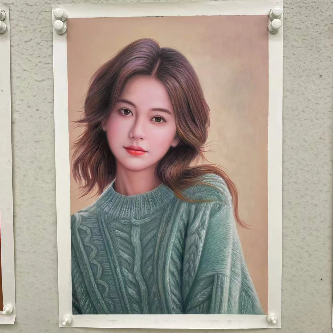 林彦新-***毛衣女孩-绿 -约60*90厘米-手绘油画-麻布