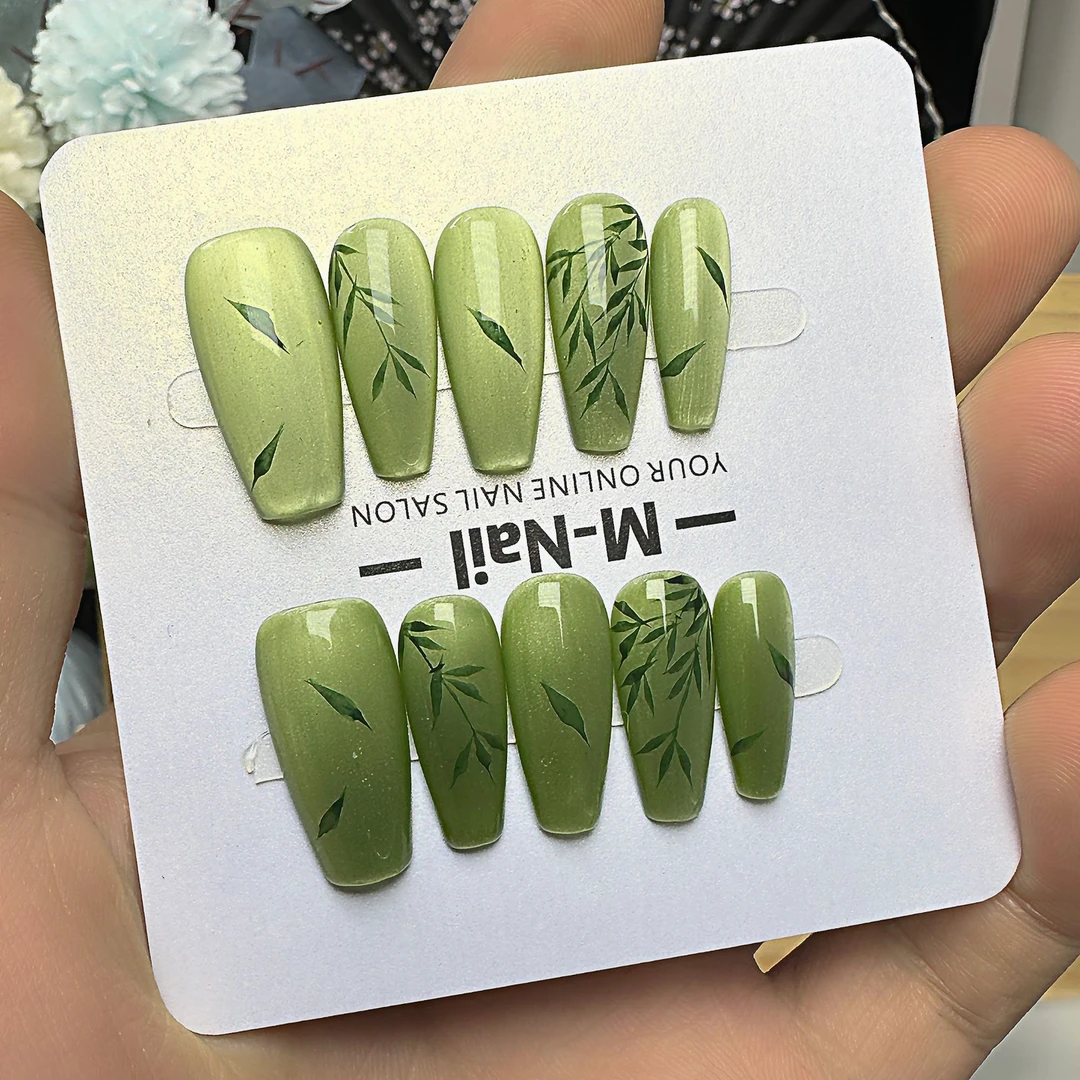 O【竹影】M哥纯手绘重工美甲高品显白气质穿戴甲水彩手绘