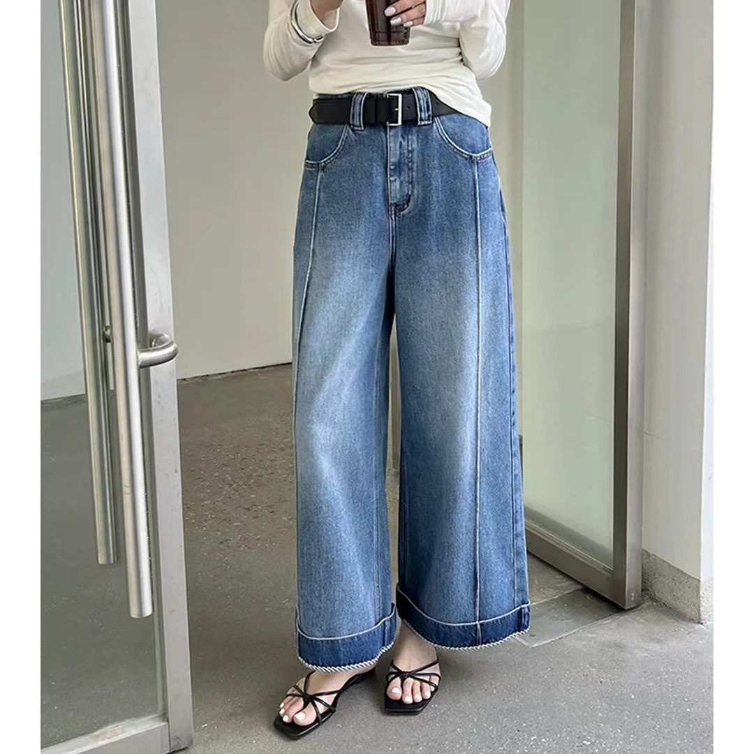 翻边高腰阔腿牛仔裤女2025春秋季新款宽松显瘦休闲九分直筒裤