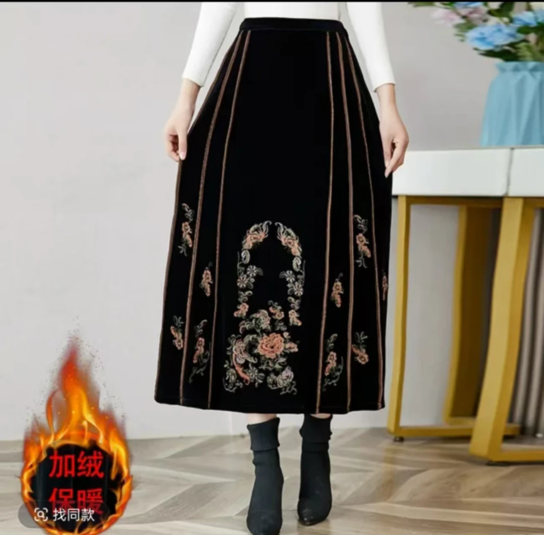秋季专享新中式丝绒绣花半身裙#008款