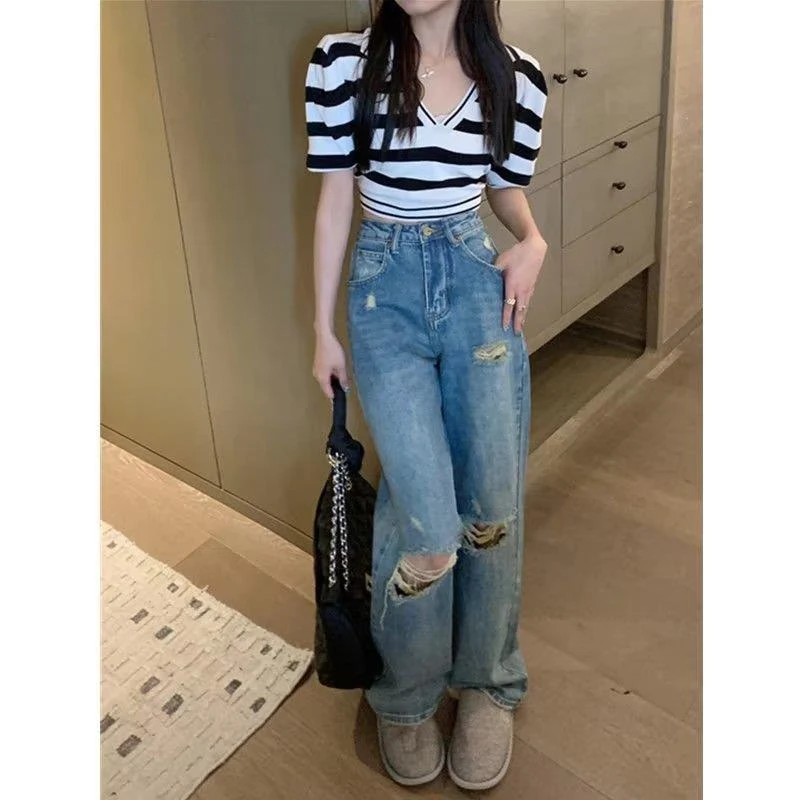 磨毛美式复古高街破洞牛仔裤女春秋新款高腰直筒宽松显瘦百搭阔腿