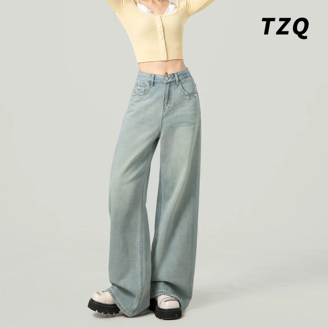 美式阔腿牛仔裤女2025新款高腰复古宽松显瘦百搭拖地裤TZQ122215
