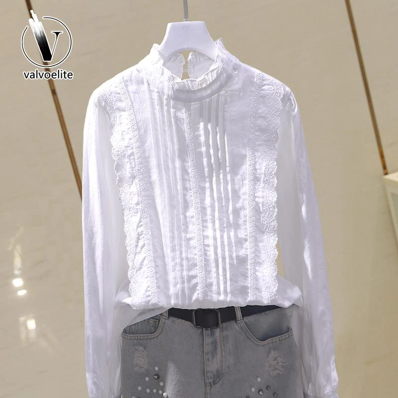 VALVOELITE春装新款法式别致衬衫女木耳边立领提花长袖套头女小衫