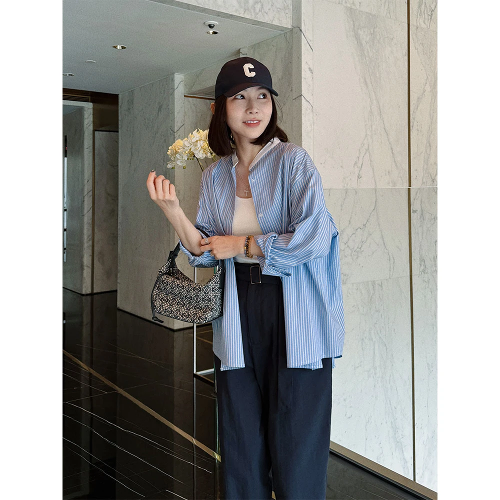 【MGDM】棉锦撞色立领韩版宽松条纹衬衣女2025春DDJ24221