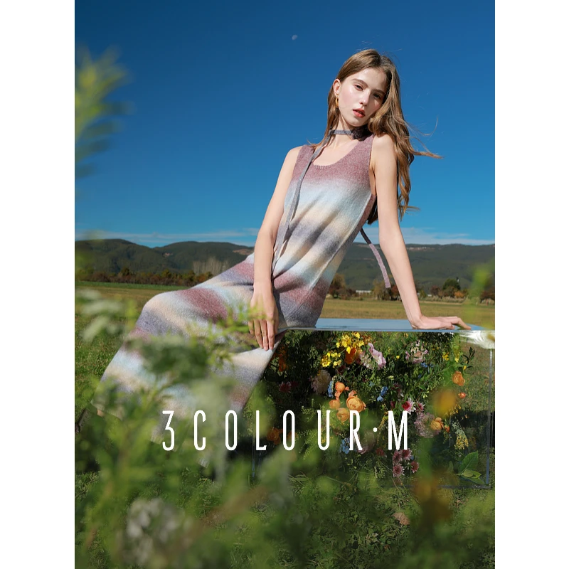 三彩2025秋季新款渐变晕染针织裙无袖连衣裙前后两穿氛围感长裙M