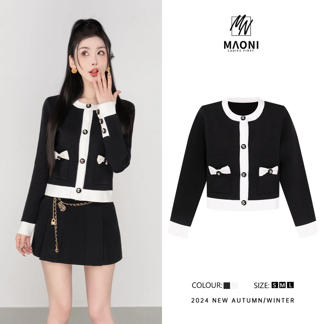 毛妮Peshe【撞色小香短外套】拼接圆领蝴蝶结气质毛衣2025冬L1237