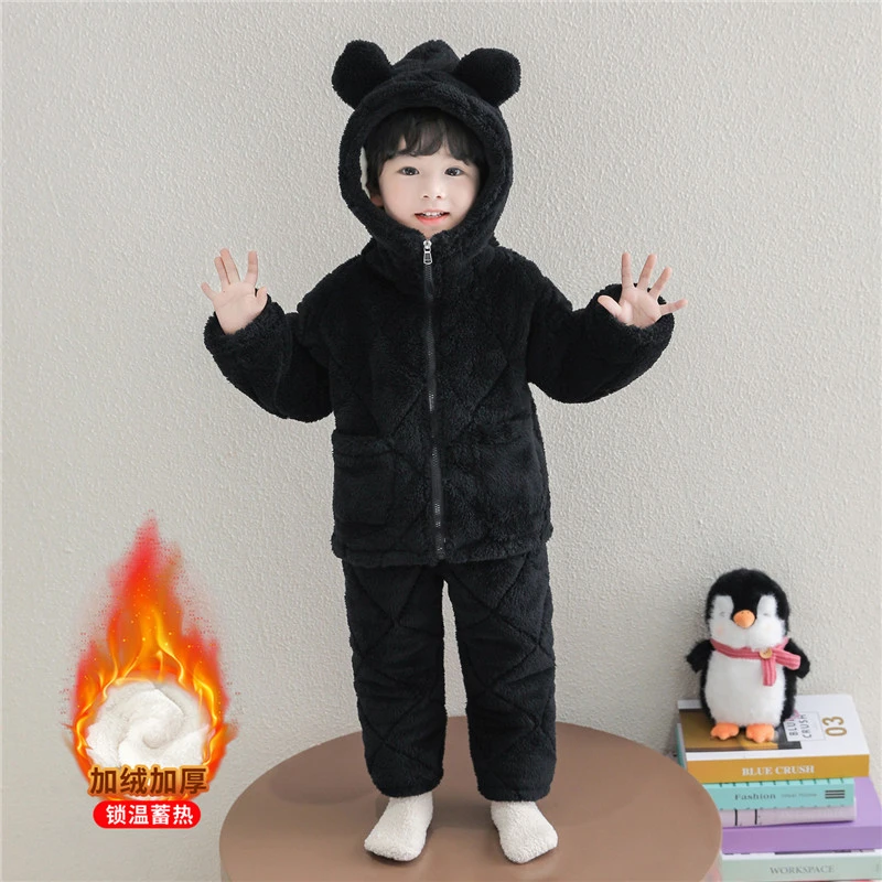 儿童睡衣男童冬款三层夹棉加厚珊瑚绒可爱连帽套装冬季男宝家居服
