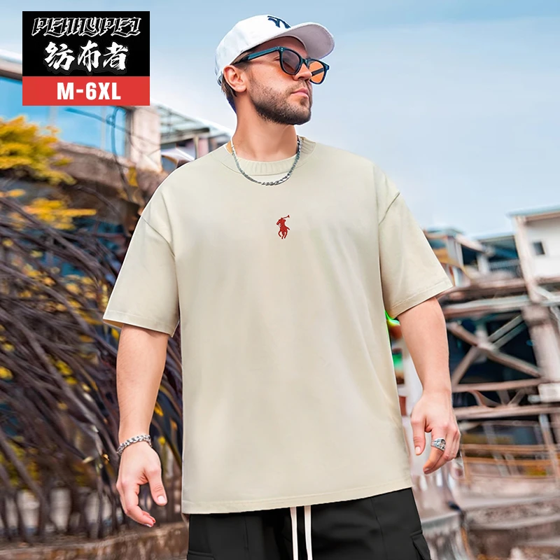 纺布者潮牌大码男装短袖小马刺绣胖子加肥加大男士半袖T恤衫T2090