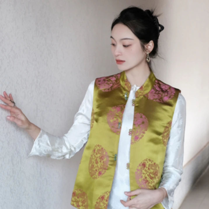 盛唐牡丹|双面穿花蕾缎立领马甲