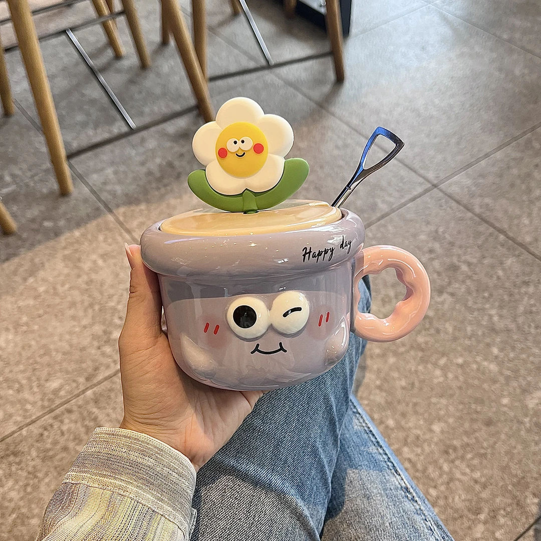 可爱盆栽马克杯带盖勺高颜值杯子情侣水杯陶瓷家用早餐杯伴手礼品