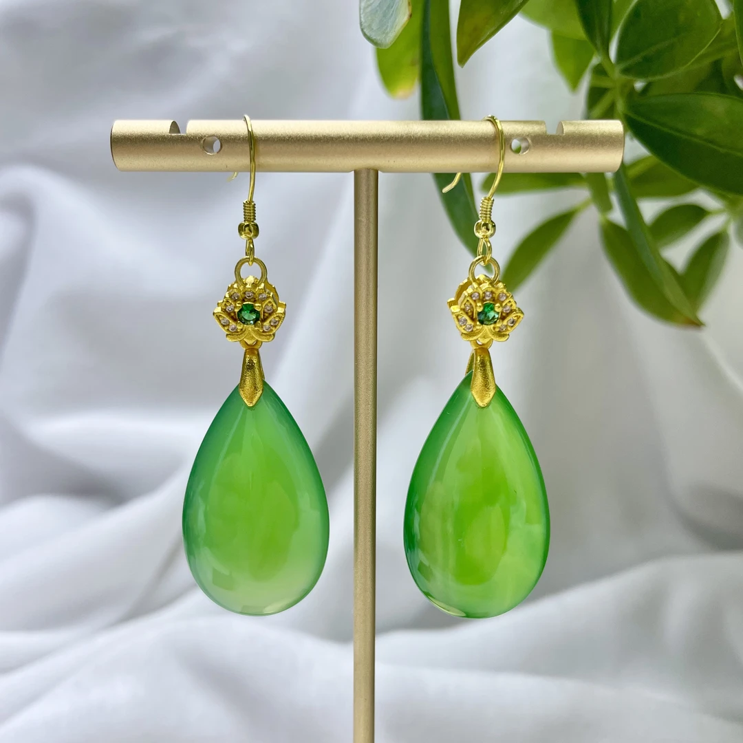 天然玛瑙水滴耳坠加大加重女款绿色耳饰耳环玉髓玉石饰品国风270