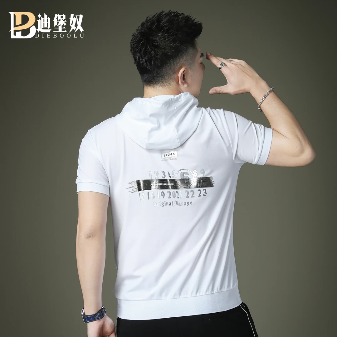 欧货2025夏季新款ins丝光棉时尚字母印花连帽短袖体恤男休闲卫衣