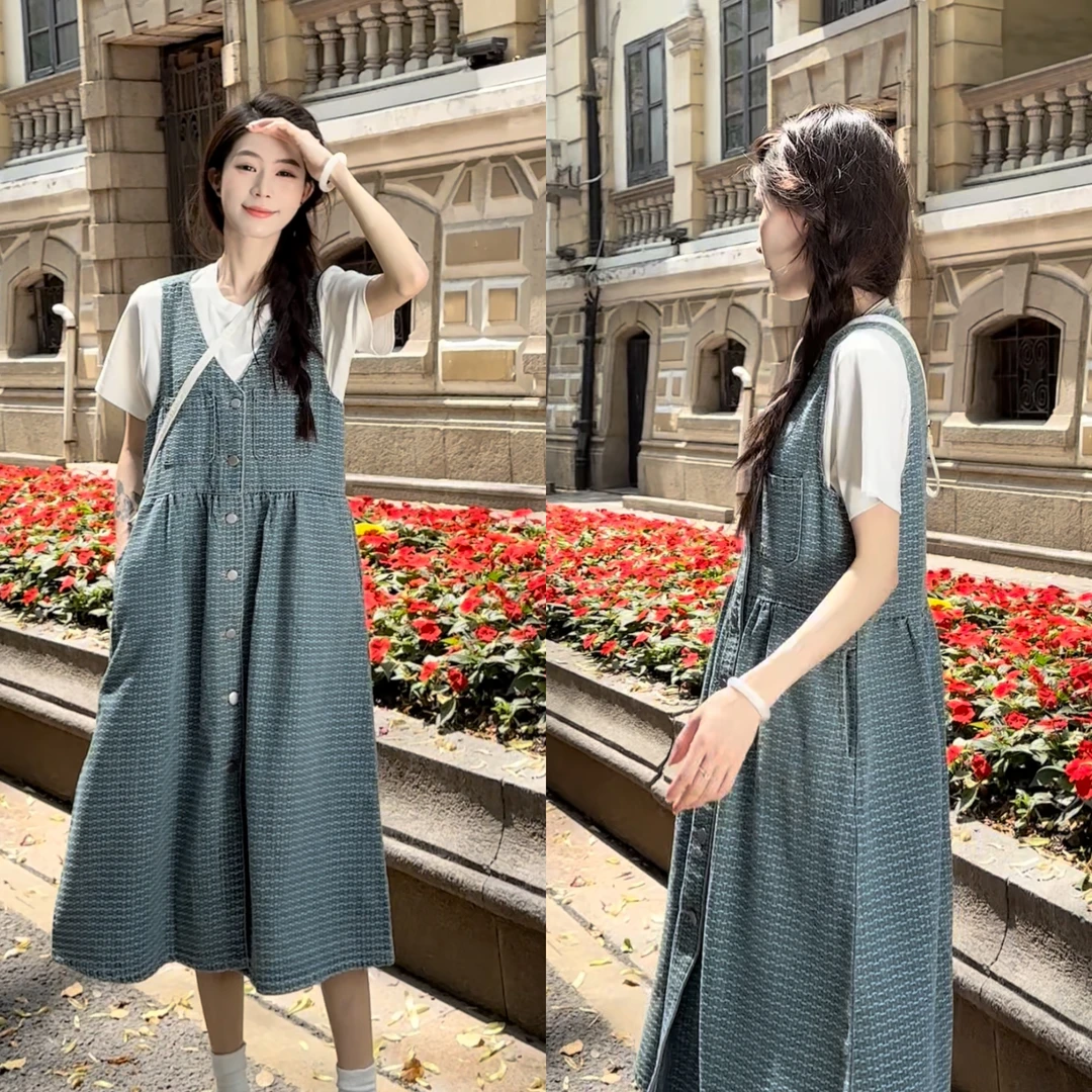 【温小柔定制.密语丹宁】2025春夏新款少女风甜美短袖背带裙俩件套