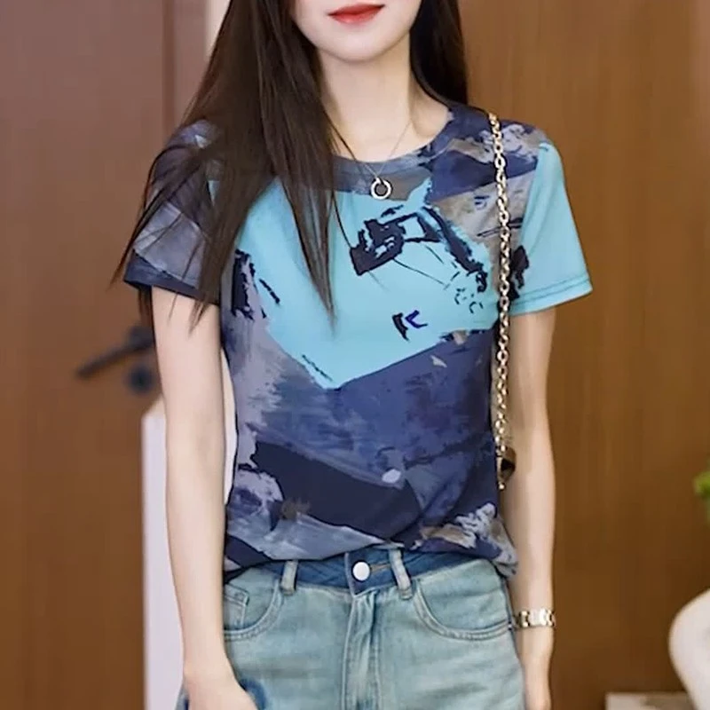 圆领短袖修身显瘦T恤女网纱韩版小众水墨印花夏季上衣3026
