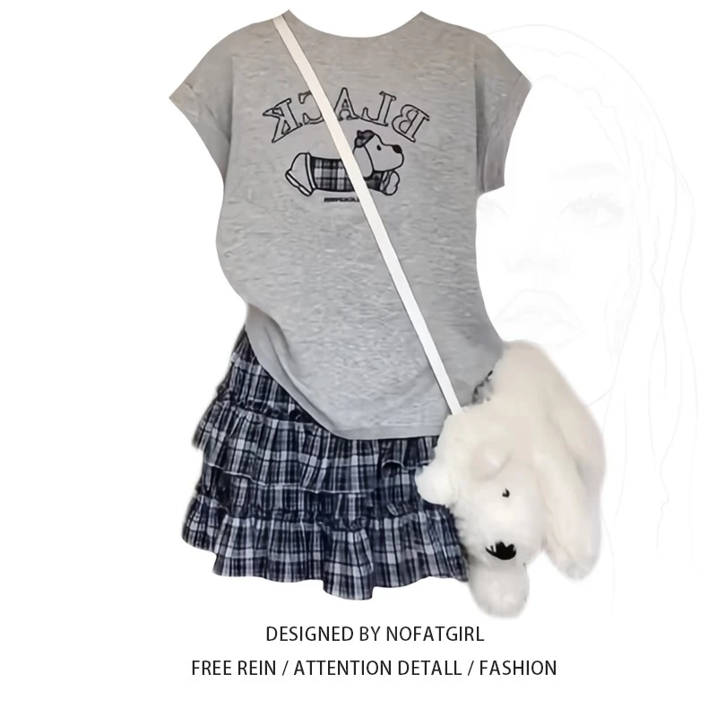 大码胖MM韩系卡通小狗印花短袖T恤女夏季新款设计感小众圆领上衣