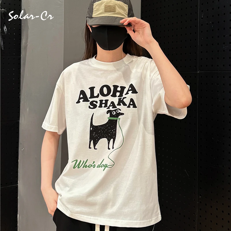 夏季休闲圆领情侣短袖百搭宽松小狗印花T恤白潮流时尚男ins上衣