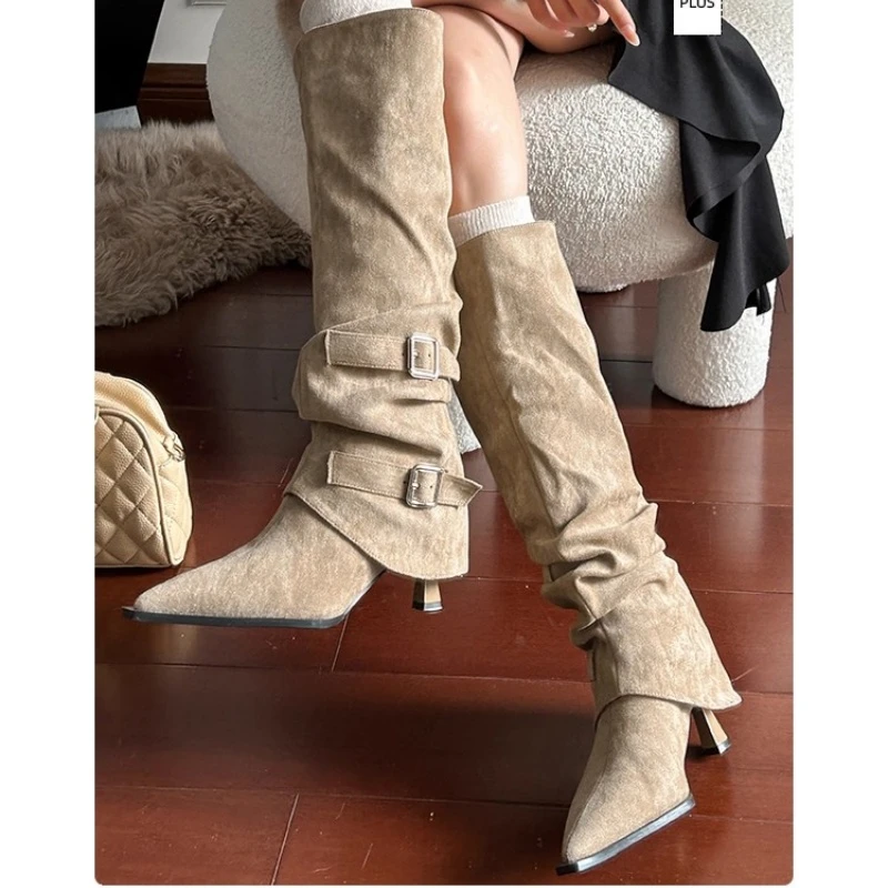 大筒围女靴时髦尖头堆堆靴褶皱细跟高筒靴子瘦瘦靴高跟不过膝长靴