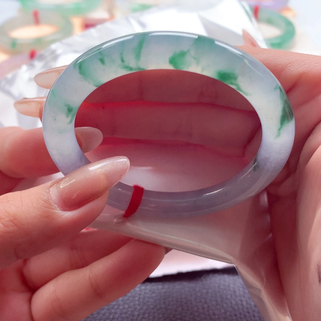 翡翠未镶嵌手镯（圆镯）师妹52莫奈双彩特色起光