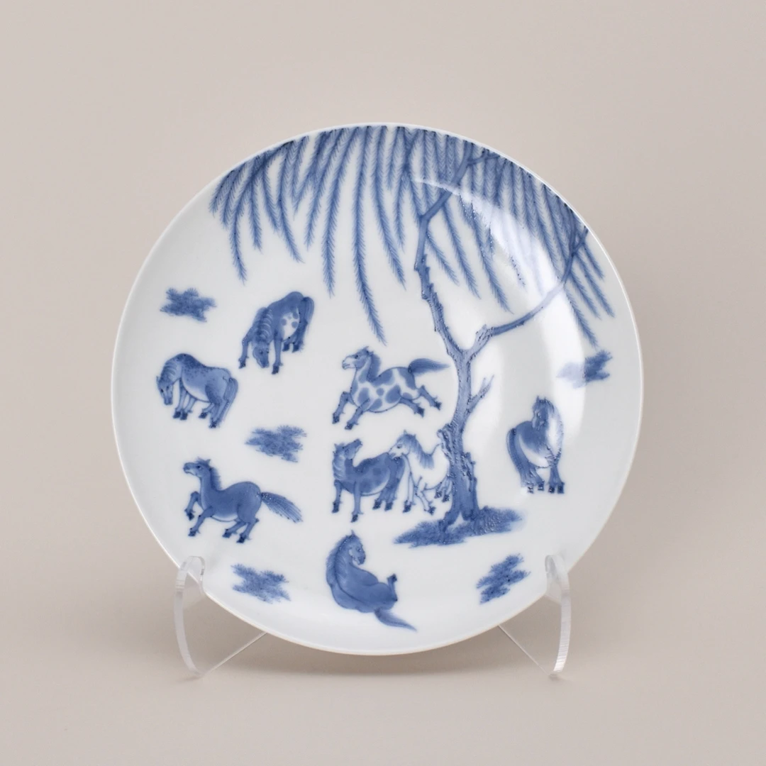 谷雨若深青花八骏图澹月壶承景德镇纯手工陶瓷干泡茶盘直径13.8cm