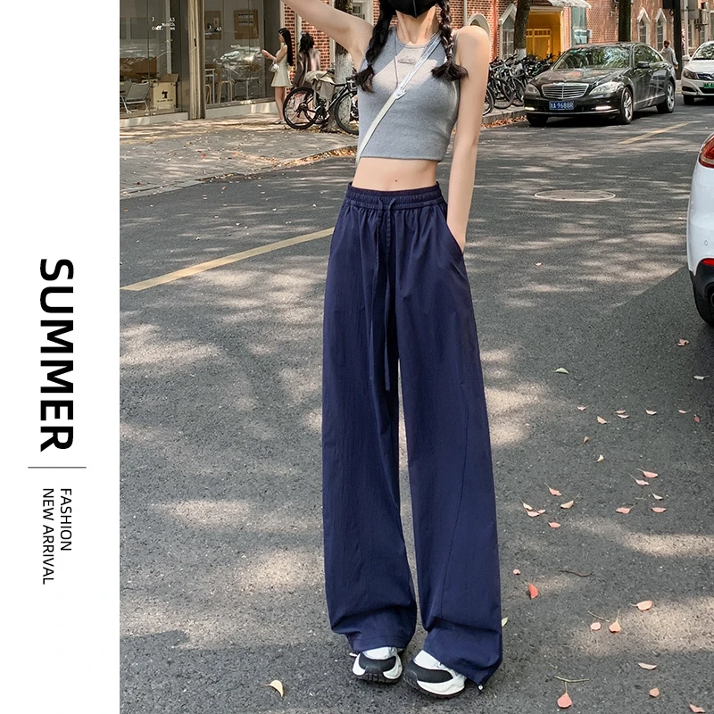 美式工装裤女夏季薄款2025新款速干小个子藏青直筒冰丝阔腿运动裤