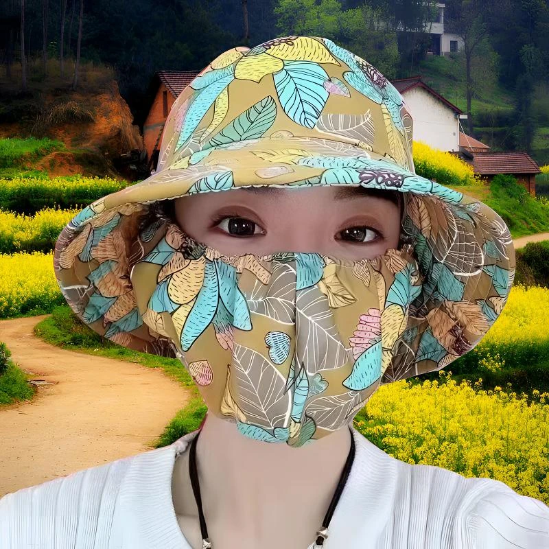 新款夏防晒口罩帽子一体采茶帽干农活遮阳帽防风帽防尘护颈遮脸