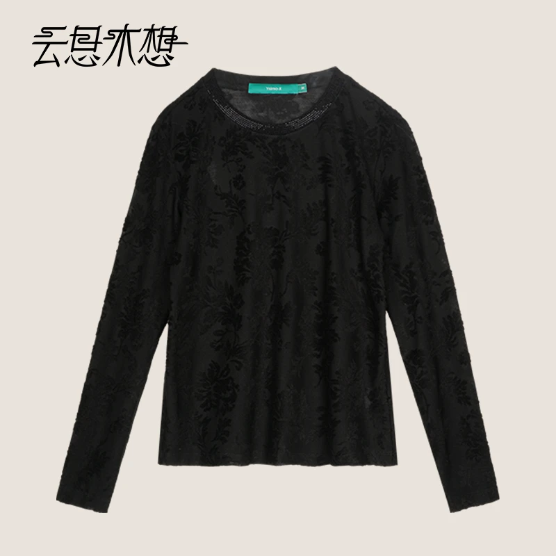 Ysimo-X云思木想 繁花安宁 提花烫钻桑蚕丝混纺优雅长袖T恤12847