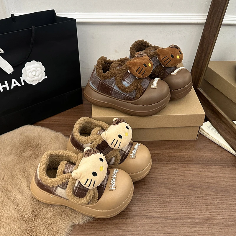 卡通可爱KT猫大头魔术贴棉鞋女2025新款秋冬加绒保暖雪地靴厚底潮