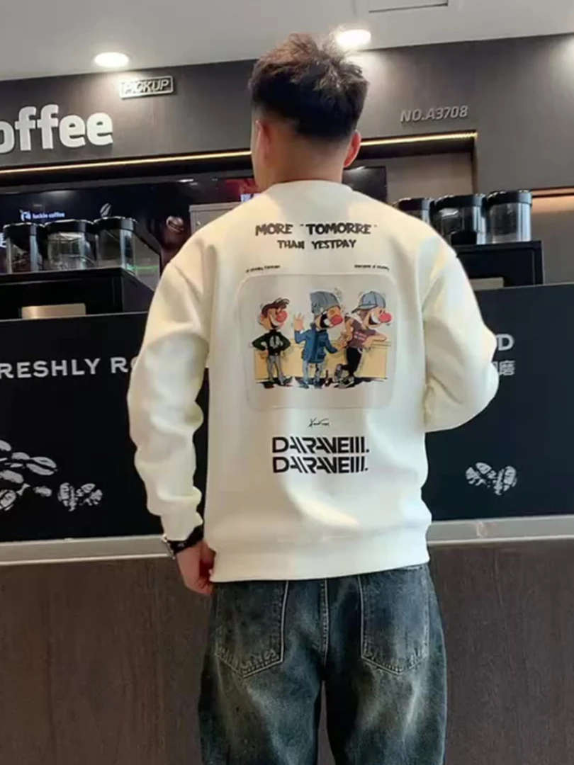 2025年秋冬季新款青春潮流人物印花卫衣男白色内搭长袖男士打底衫