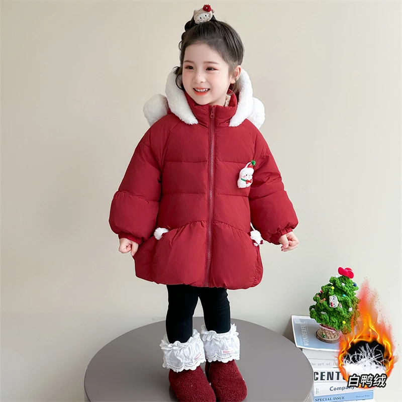 女童洋气卡通加厚花苞羽绒服2025冬季新款女孩冬装中长款连帽外套