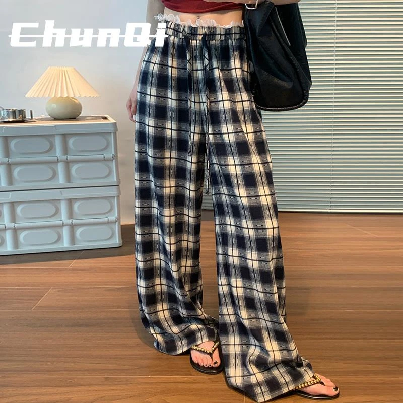 淳启蕾丝花边复古格子裤女爆款高腰显瘦春夏新款慵懒风直筒阔腿裤