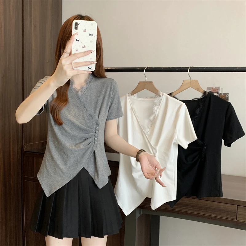 【运补6-10】大码女装2025夏季新款时尚不规则蕾丝短袖上衣1756