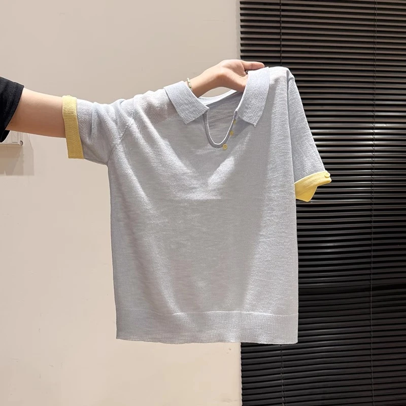 POLO领冰丝针织衫短袖T恤女2025夏新款休闲宽松简约时尚百搭上衣