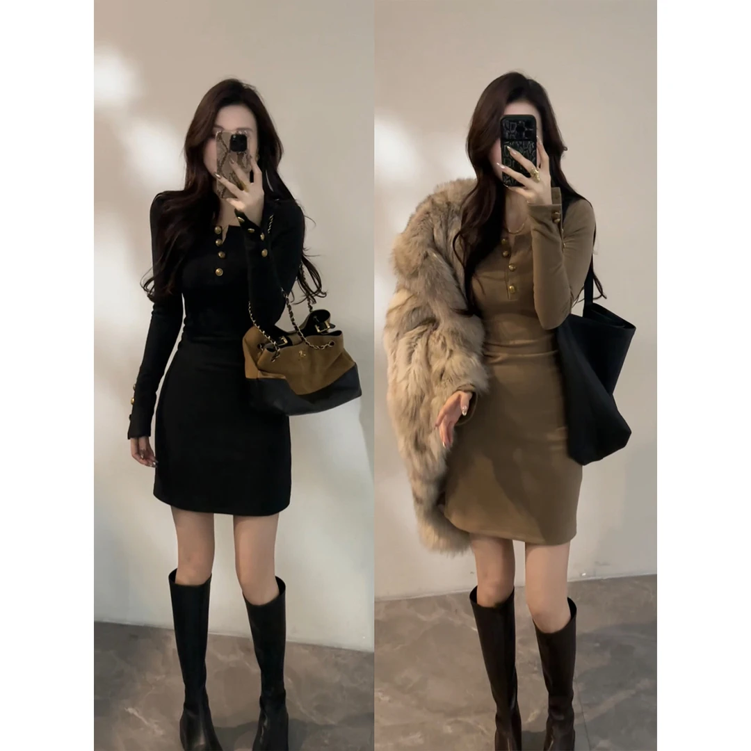 【大婷婷】冬季新款显瘦气质复古长袖小众短裙百搭打底连衣裙DT1796