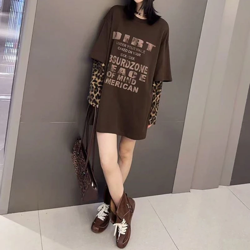 豹纹字母假两件宽松大衫女 大码显瘦设计感ins时尚韩版T休闲百搭