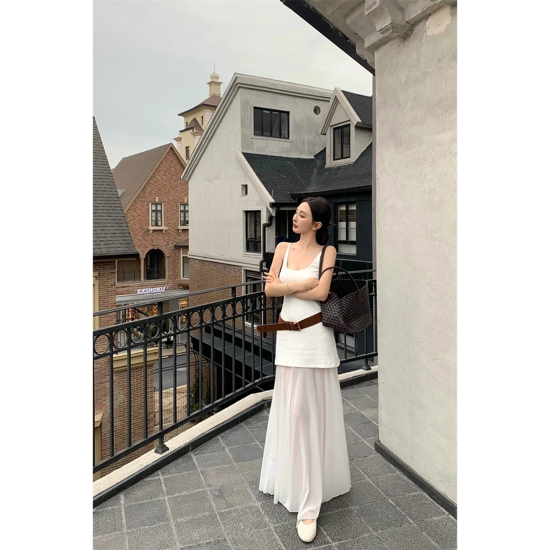 清冷感洋气痞帅炸街风小众时尚性感辣妹网纱拼接吊带连衣裙#A756