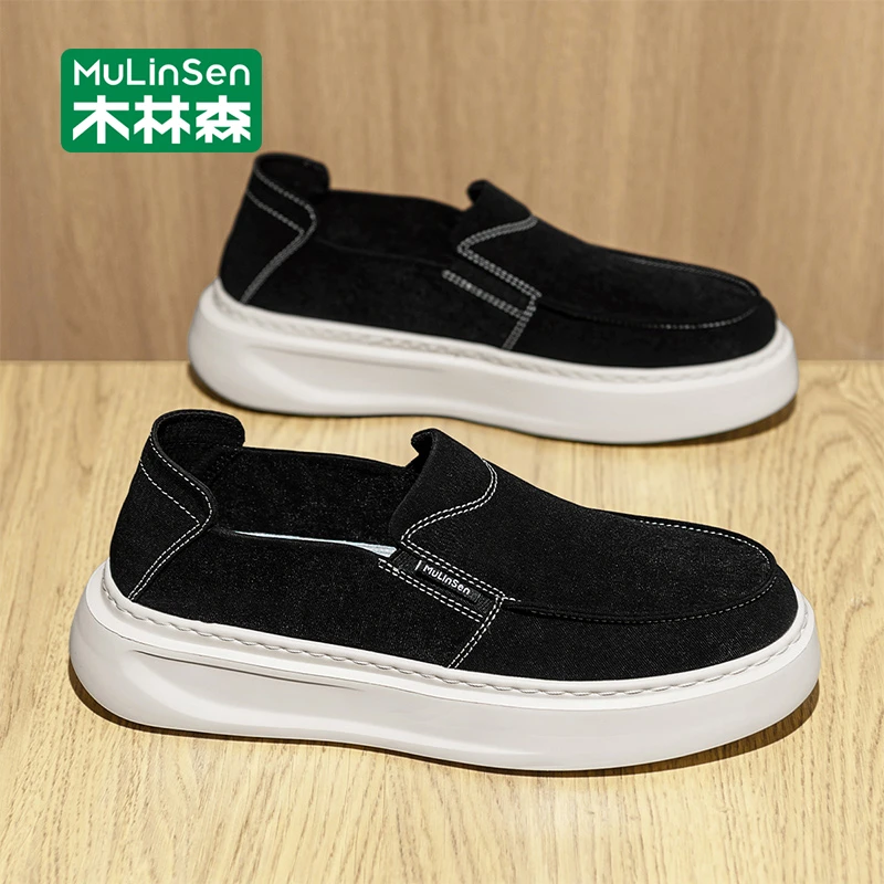 木林森帆布鞋男春秋2025新款开车一脚蹬轻便厚底休闲板鞋男士布鞋