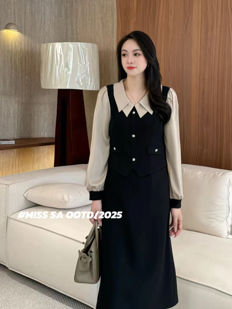 MISS SA 早秋新款百搭显瘦时尚气质撞色假两件拼接连衣裙25099369