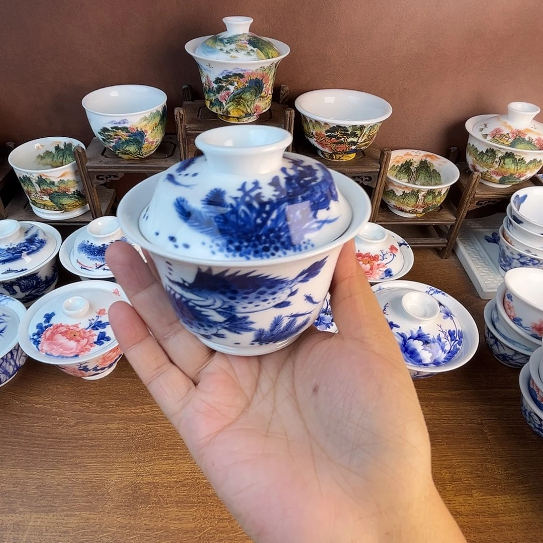 忠意堂釉下彩鱼藻盖碗微瑕不退