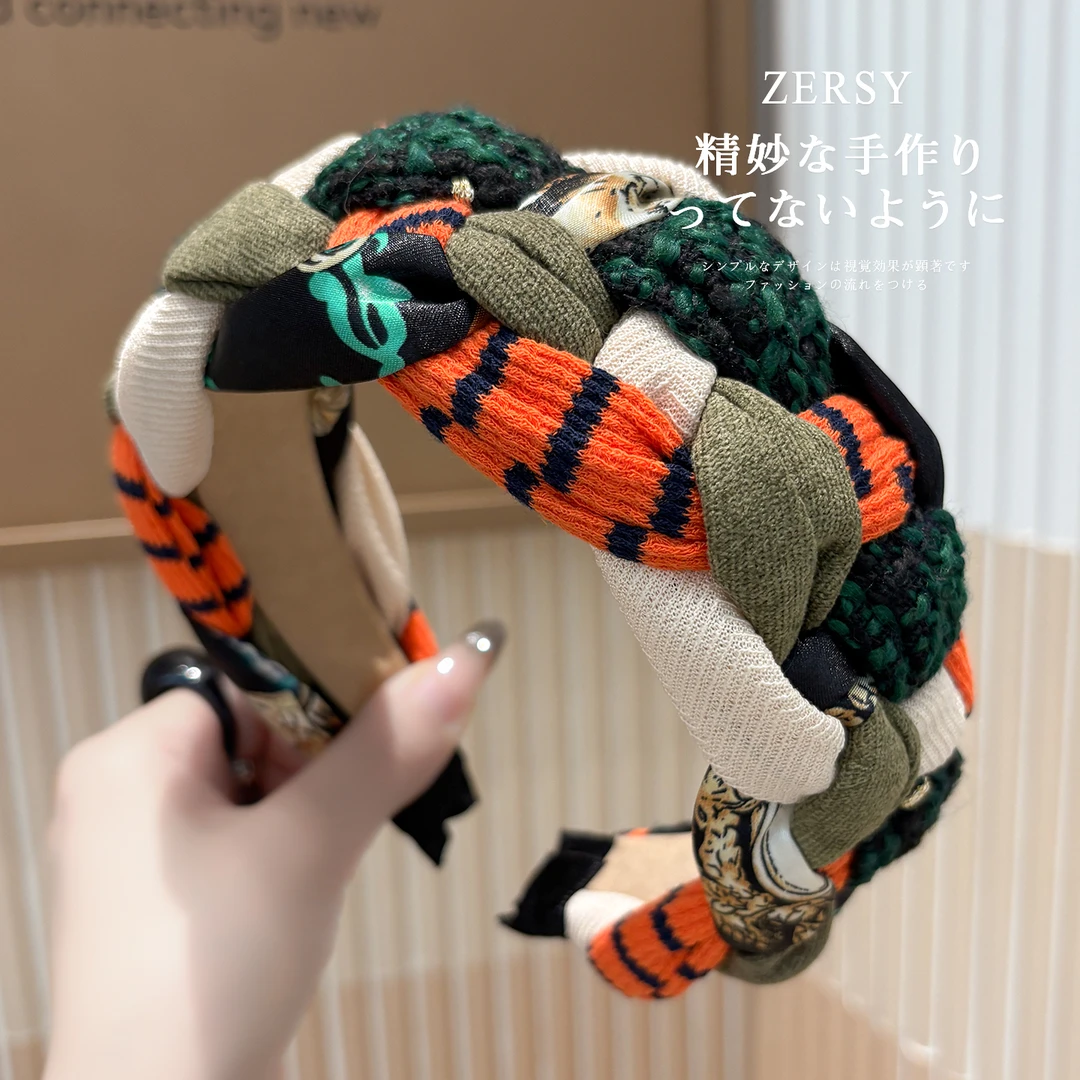 复古撞色手工编织发箍秋冬新款简约时尚洋气布艺发卡日常外戴头箍