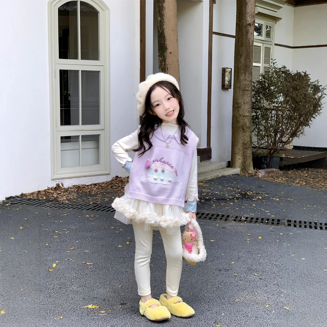 皮2025秋季新款女童翻领卡通毛线背心木耳边打底衫纱纱裙裤三件套