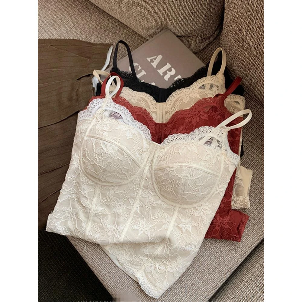 维多利亚纯欲蕾丝秋冬磨毛保暖吊带背心女固定杯修身显瘦内搭打底