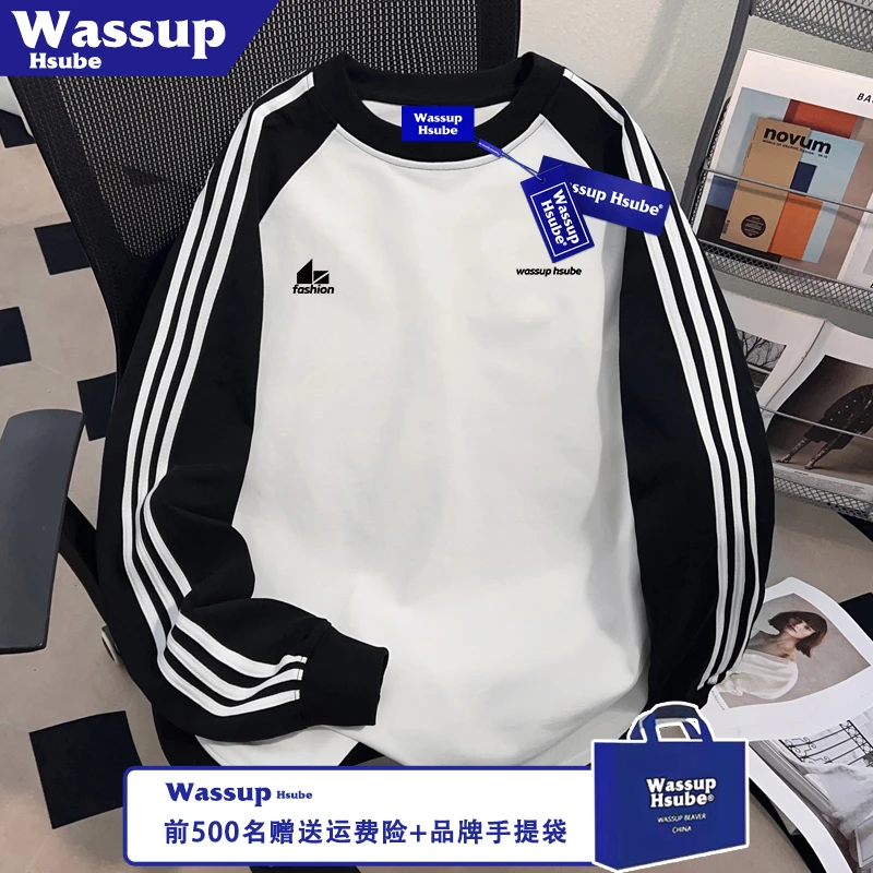 WASSUP HSUBE秋季100%纯棉长袖ins男女藏青三条杠T恤时尚印花上衣