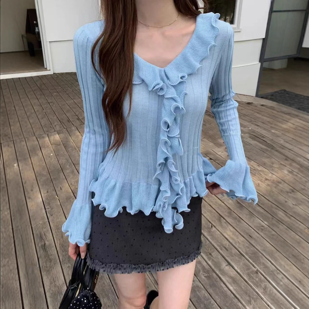 纯欲辣妹风长袖针织衫女气质新款打底V领修身显瘦百搭短款上衣